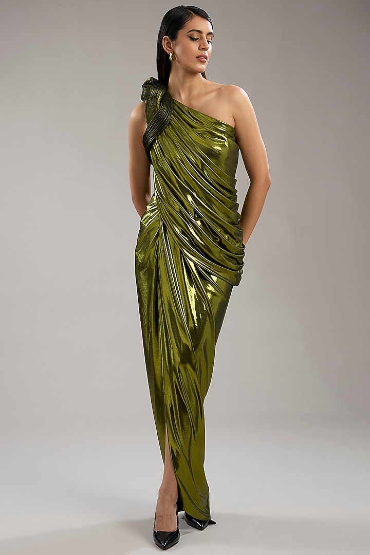 Green Jersey Engagement Gown by Gaurav Gupta at Pernia's Pop Up Shop