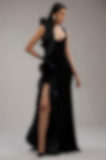 Black Polyester Sculpted Slit Bridal Gown by Gaurav Gupta at Pernia's Pop Up Shop