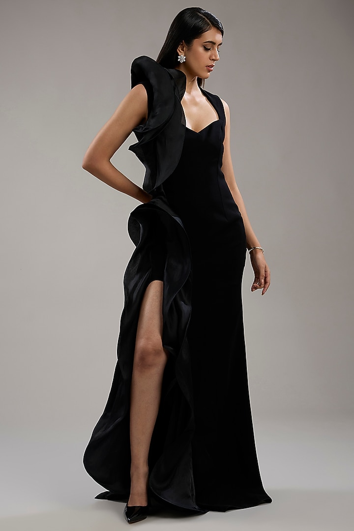 Black Polyester Sculpted Slit Bridal Gown by Gaurav Gupta at Pernia's Pop Up Shop