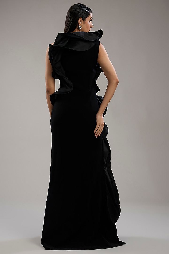 Black Polyester Sculpted Slit Bridal Gown by Gaurav Gupta at Pernia's Pop Up Shop