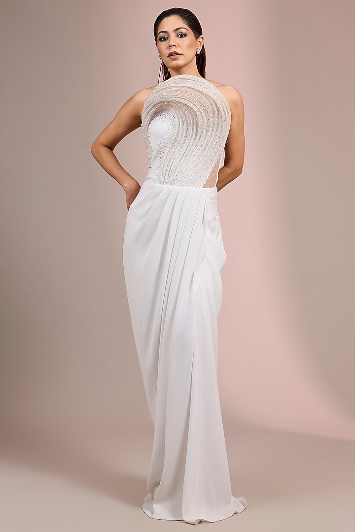 White Crepe Polyester Sculpted Bridal Gown by Gaurav Gupta at Pernia's Pop Up Shop