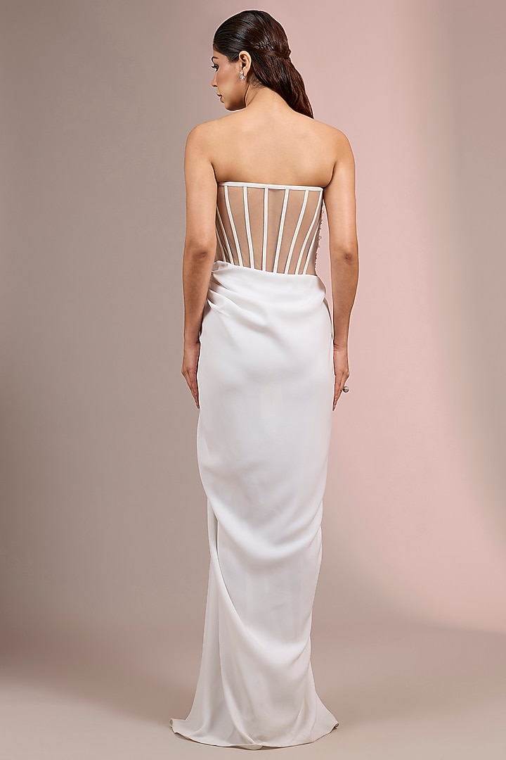 White Crepe Polyester Sculpted Bridal Gown by Gaurav Gupta at Pernia's Pop Up Shop