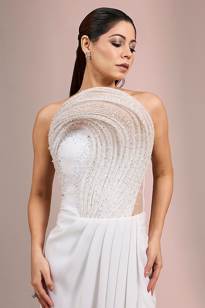 White Crepe Polyester Sculpted Bridal Gown by Gaurav Gupta at Pernia's Pop Up Shop