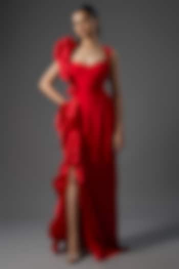 Blood Red Crepe Polyester Bridal Gown by Gaurav Gupta at Pernia's Pop Up Shop