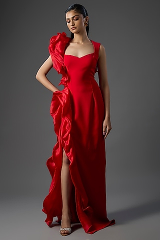 Blood Red Crepe Polyester Gown by Gaurav Gupta