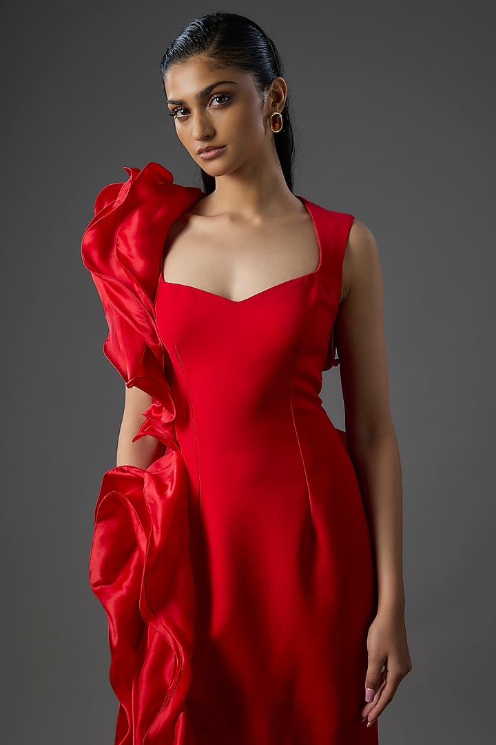 Blood Red Crepe Polyester Bridal Gown by Gaurav Gupta at Pernia's Pop Up Shop