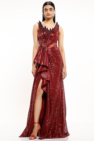 Red Scale Sequins Gown by Gaurav Gupta