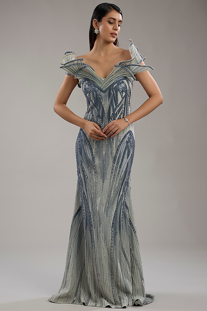 Feather Blue Lame Bugal Bead Embroidered Sculpted Gown by Gaurav Gupta at Pernia's Pop Up Shop