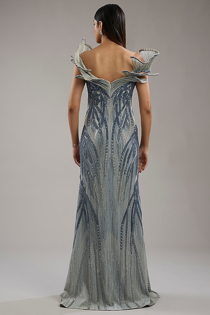 Feather Blue Lame Bugal Bead Embroidered Sculpted Bridal Gown by Gaurav Gupta at Pernia's Pop Up Shop