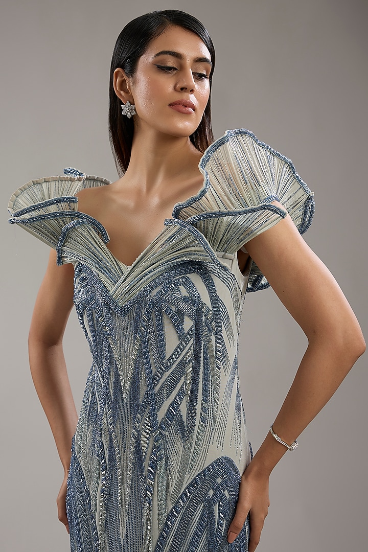 Feather Blue Lame Bugal Bead Embroidered Sculpted Bridal Gown by Gaurav Gupta at Pernia's Pop Up Shop