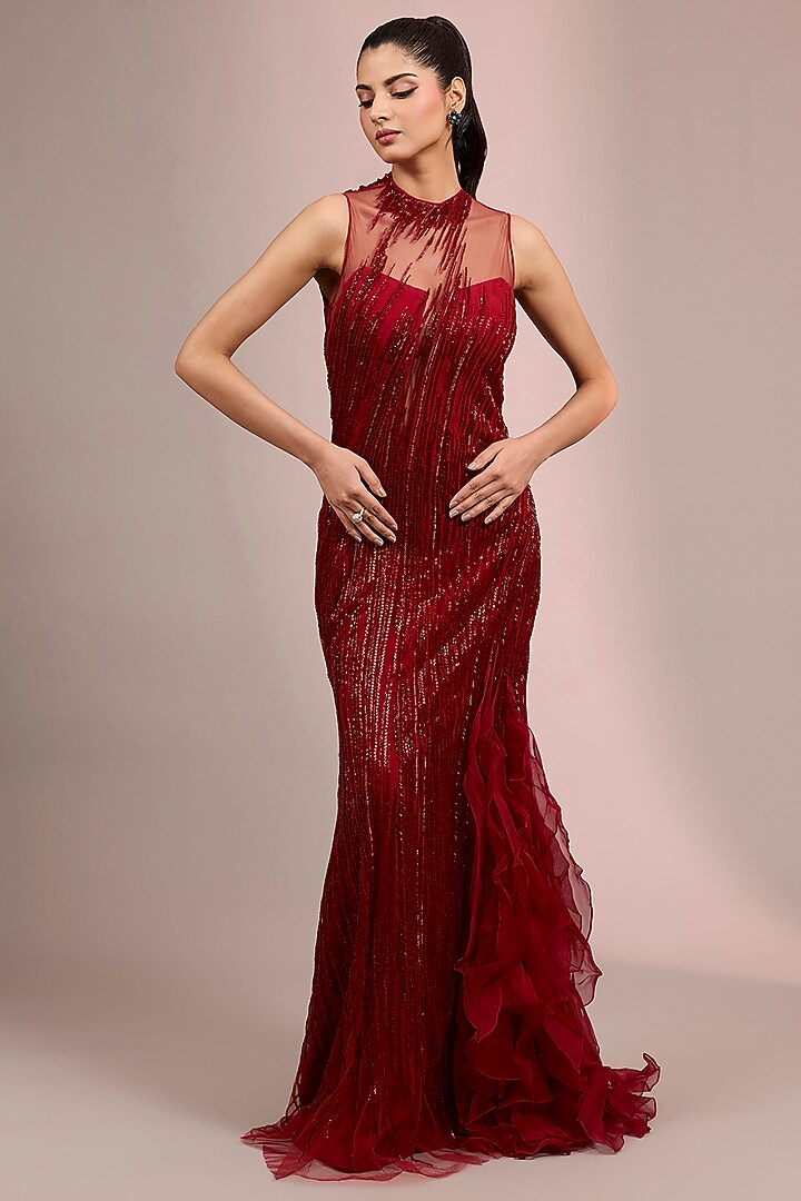 Red Nylon, Tulle & Knitted Bridal Gown by Gaurav Gupta at Pernia's Pop Up Shop