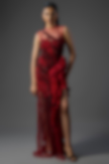 Lava Red Crepe Bridal Gown by Gaurav Gupta at Pernia's Pop Up Shop