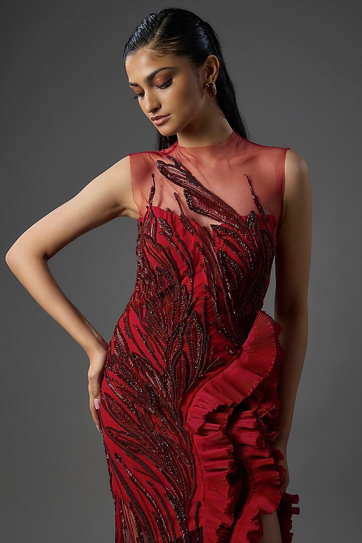 Lava Red Crepe Bridal Gown by Gaurav Gupta at Pernia's Pop Up Shop