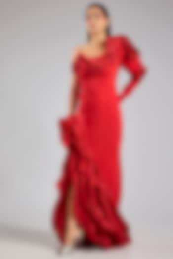 Red Moss Crepe Structured Bridal Gown by Gaurav Gupta at Pernia's Pop Up Shop