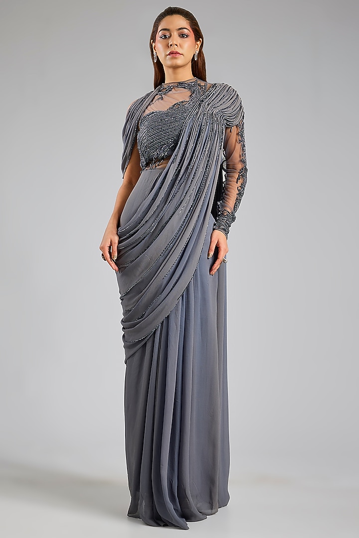 Grey Viscose Georgette Bridal Gown by Gaurav Gupta at Pernia's Pop Up Shop