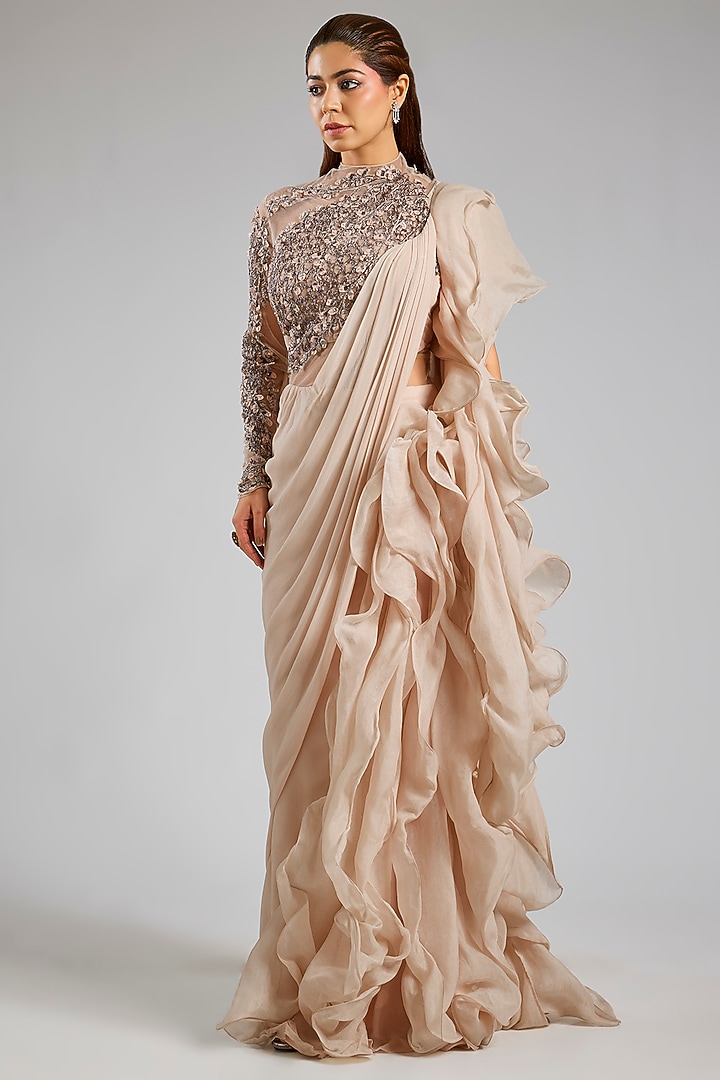 Beige Viscose Georgette Bridal Gown by Gaurav Gupta at Pernia's Pop Up Shop