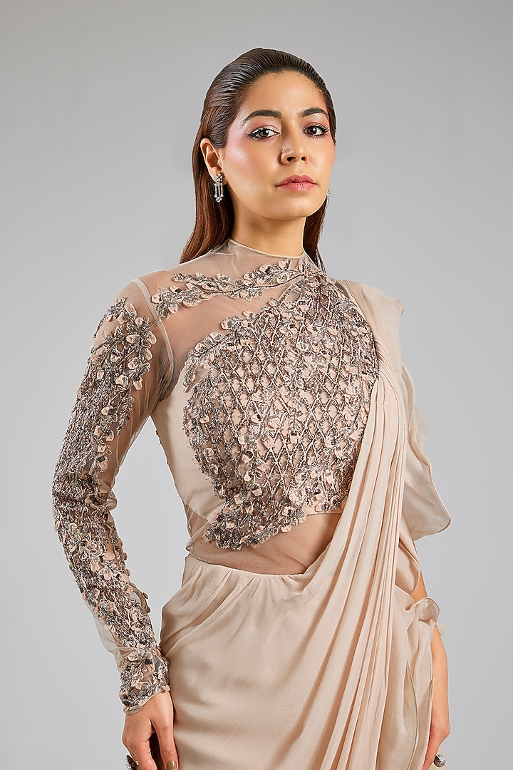 Beige Viscose Georgette Bridal Gown by Gaurav Gupta at Pernia's Pop Up Shop