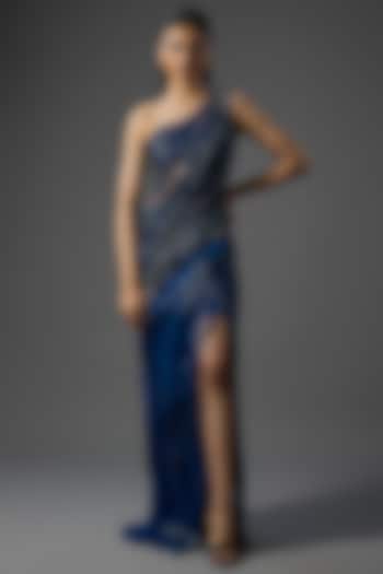 Midnight Blue Nylon & Tulle One-Shoulder Sculpted Bridal Gown by Gaurav Gupta at Pernia's Pop Up Shop
