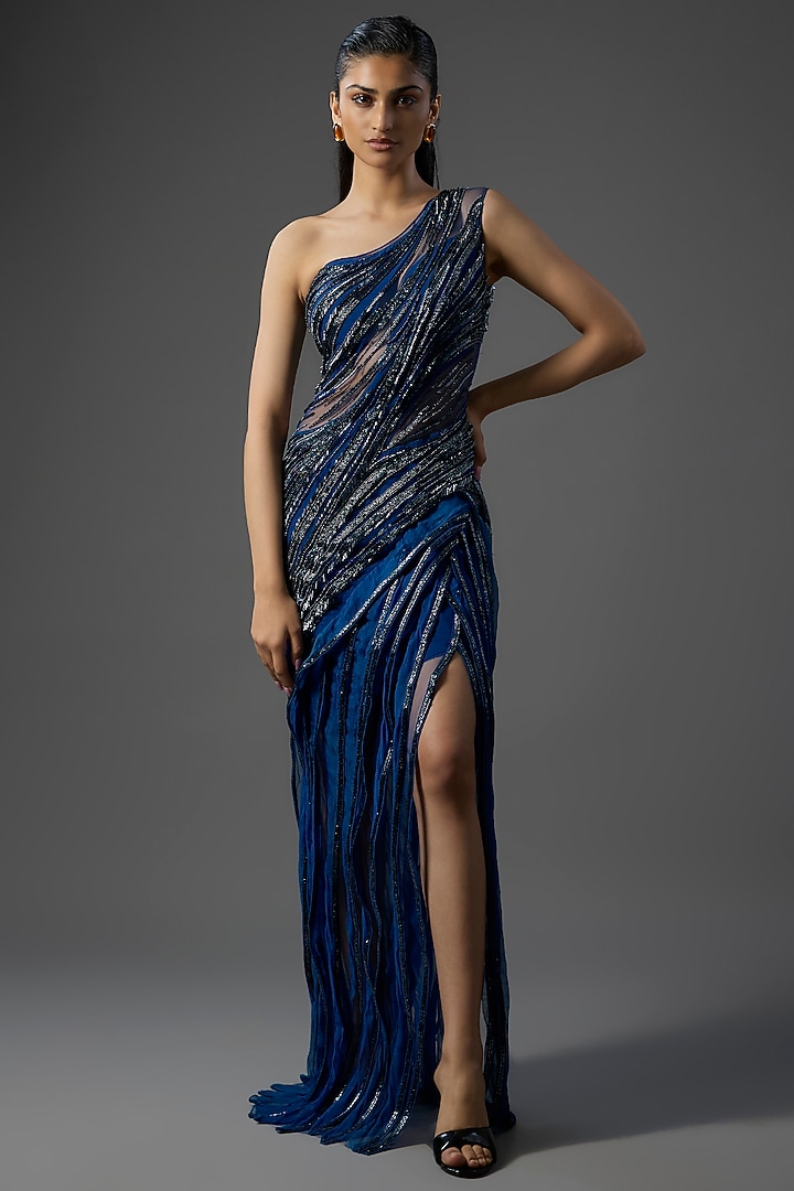 Midnight Blue Nylon & Tulle One-Shoulder Sculpted Bridal Gown by Gaurav Gupta at Pernia's Pop Up Shop