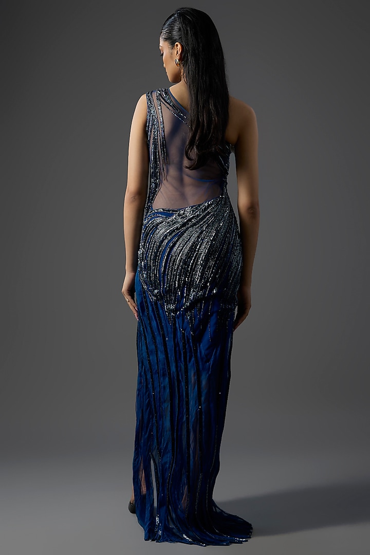 Midnight Blue Nylon & Tulle One-Shoulder Sculpted Bridal Gown by Gaurav Gupta at Pernia's Pop Up Shop