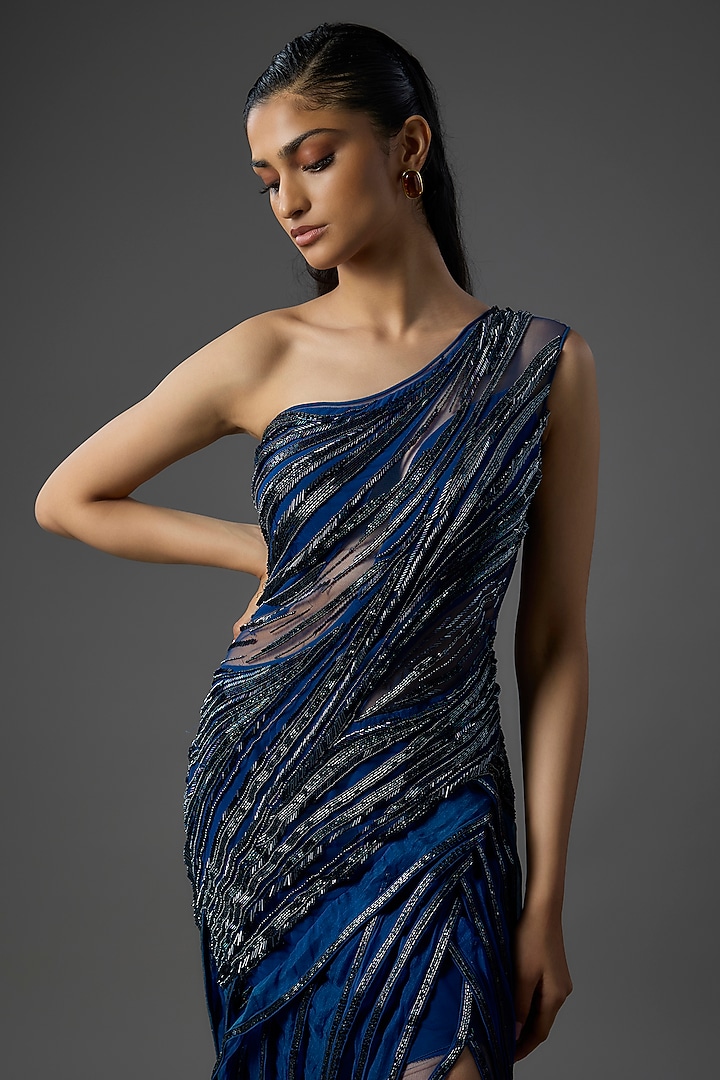 Midnight Blue Nylon & Tulle One-Shoulder Sculpted Bridal Gown by Gaurav Gupta at Pernia's Pop Up Shop
