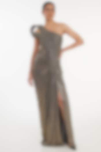 Copper Sequin Jersey Sculpted One-Shoulder Gown by Gaurav Gupta at Pernia's Pop Up Shop