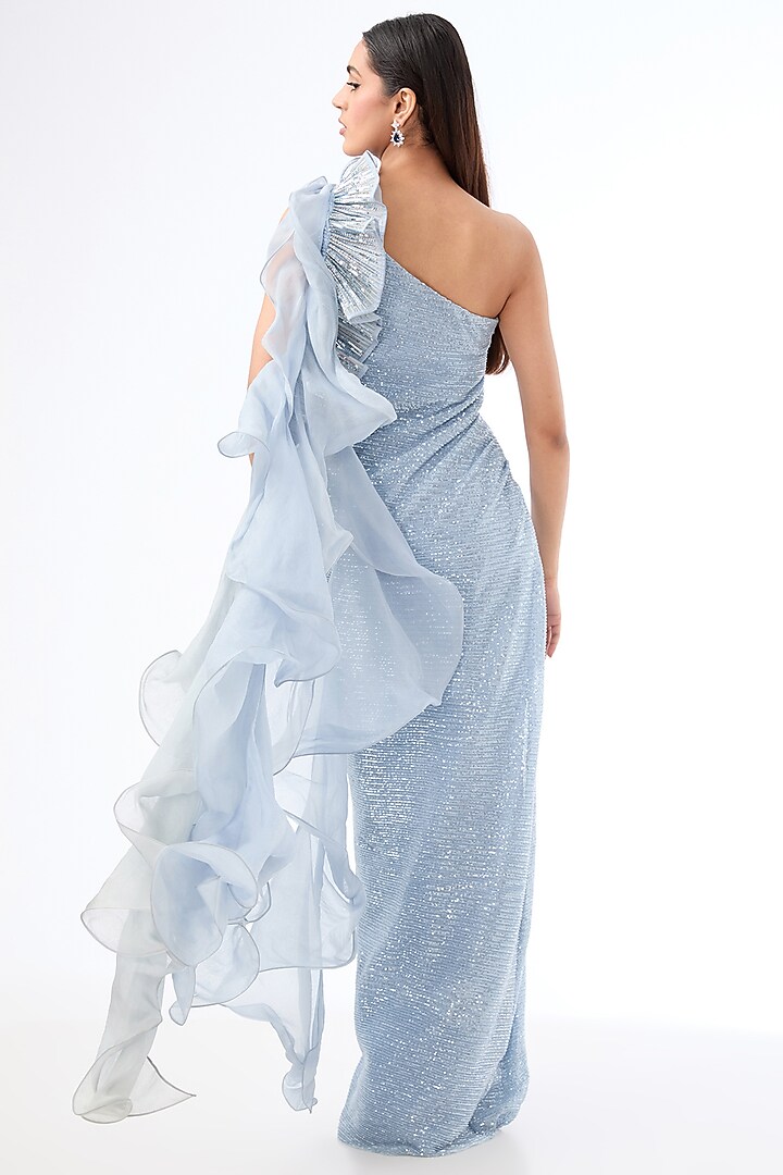 Ocean Blue Sequins Bugle Bead Embroidered Sculpted Bridal Gown by Gaurav Gupta at Pernia's Pop Up Shop