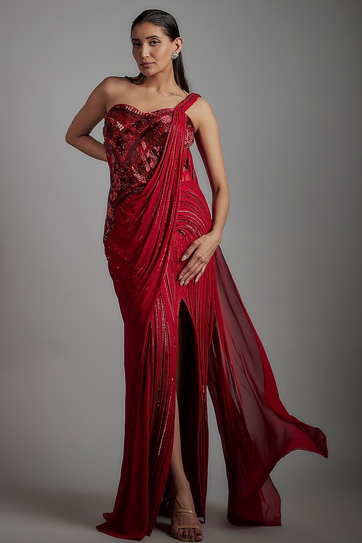 Lava Red Viscose Georgette Bugle Bead Embroidered Gown Saree by Gaurav Gupta
