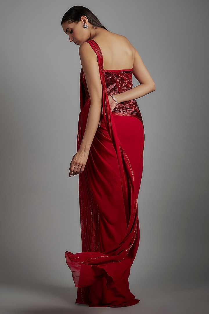 Lava Red Viscose Georgette Bugle Bead Embroidered Bridal Gown Saree by Gaurav Gupta at Pernia's Pop Up Shop