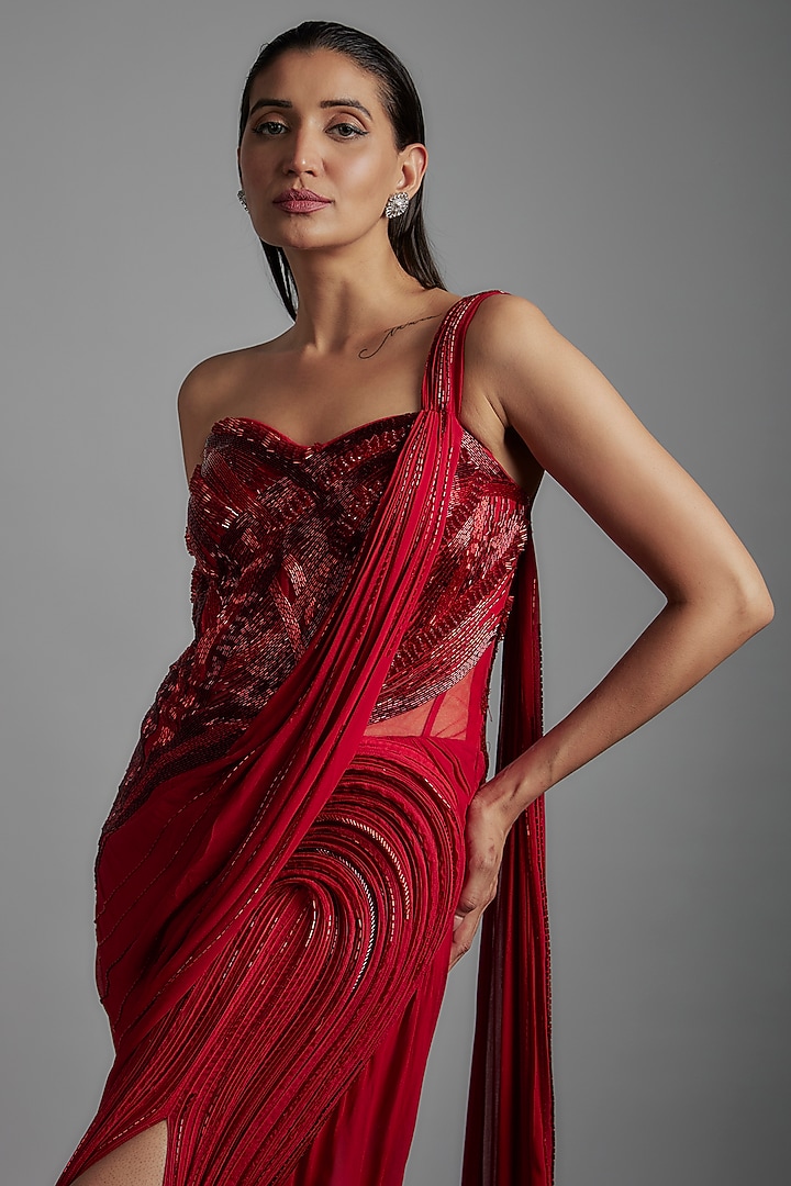 Lava Red Viscose Georgette Bugle Bead Embroidered Bridal Gown Saree by Gaurav Gupta at Pernia's Pop Up Shop