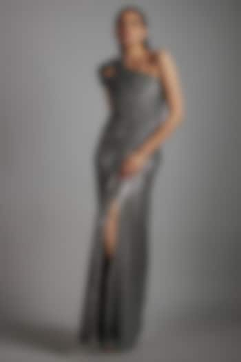 Grey Sequins Sculpted One-Shoulder Gown by Gaurav Gupta at Pernia's Pop Up Shop