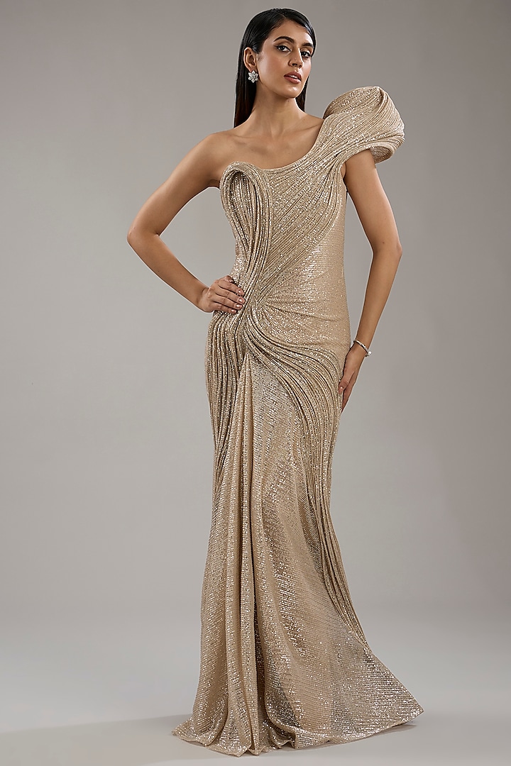 Champagne Sequinned One Shoulder Sculpted Gown by Gaurav Gupta at Pernia's Pop Up Shop