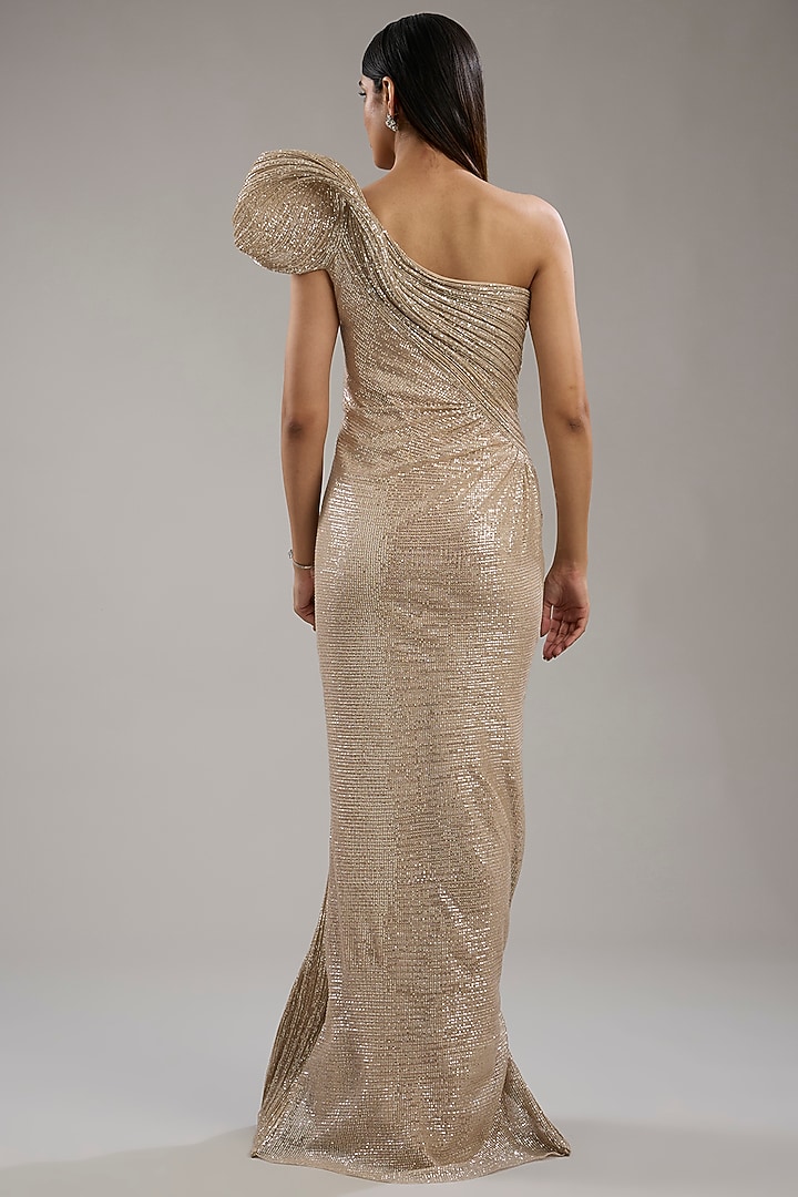 Champagne Sequinned One Shoulder Sculpted Bridal Gown by Gaurav Gupta at Pernia's Pop Up Shop