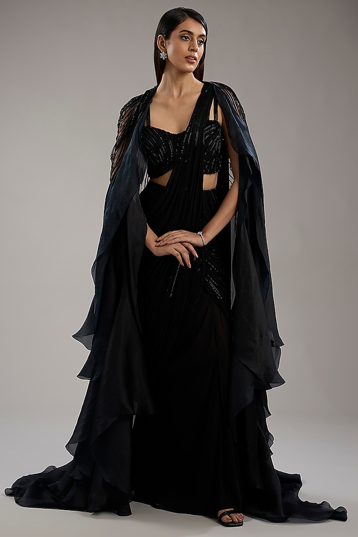 Black Viscose georgette Ruffled Jacket Pre-Stitched Saree Set by Gaurav Gupta at Pernia's Pop Up Shop