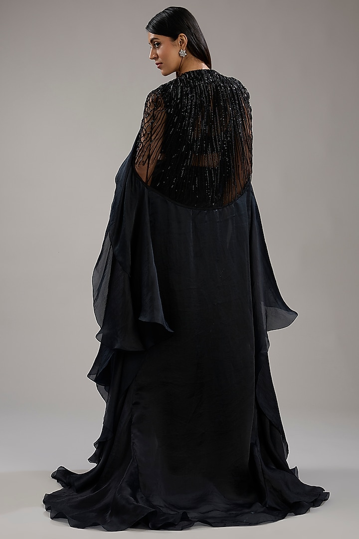 Black Viscose georgette Ruffled Jacket Pre-Stitched Bridal Saree Set by Gaurav Gupta at Pernia's Pop Up Shop