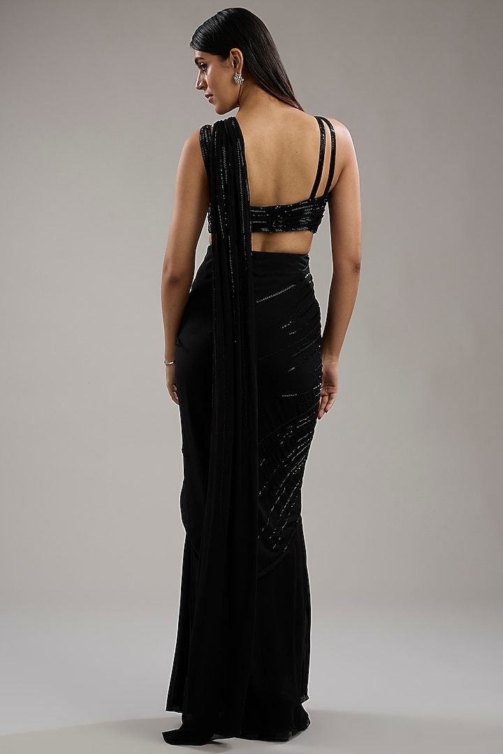 Black Viscose georgette Ruffled Jacket Pre-Stitched Bridal Saree Set by Gaurav Gupta at Pernia's Pop Up Shop