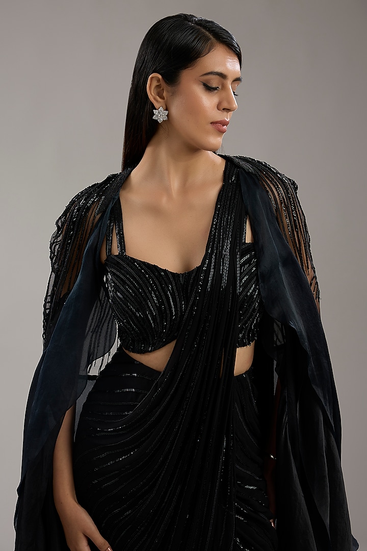 Black Viscose georgette Ruffled Jacket Pre-Stitched Bridal Saree Set by Gaurav Gupta at Pernia's Pop Up Shop