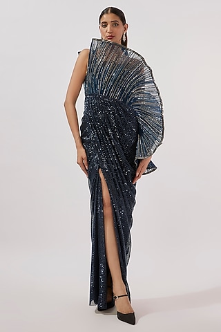 Midnight Blue Sequins Bugle Beads Embroidered Gown by Gaurav Gupta