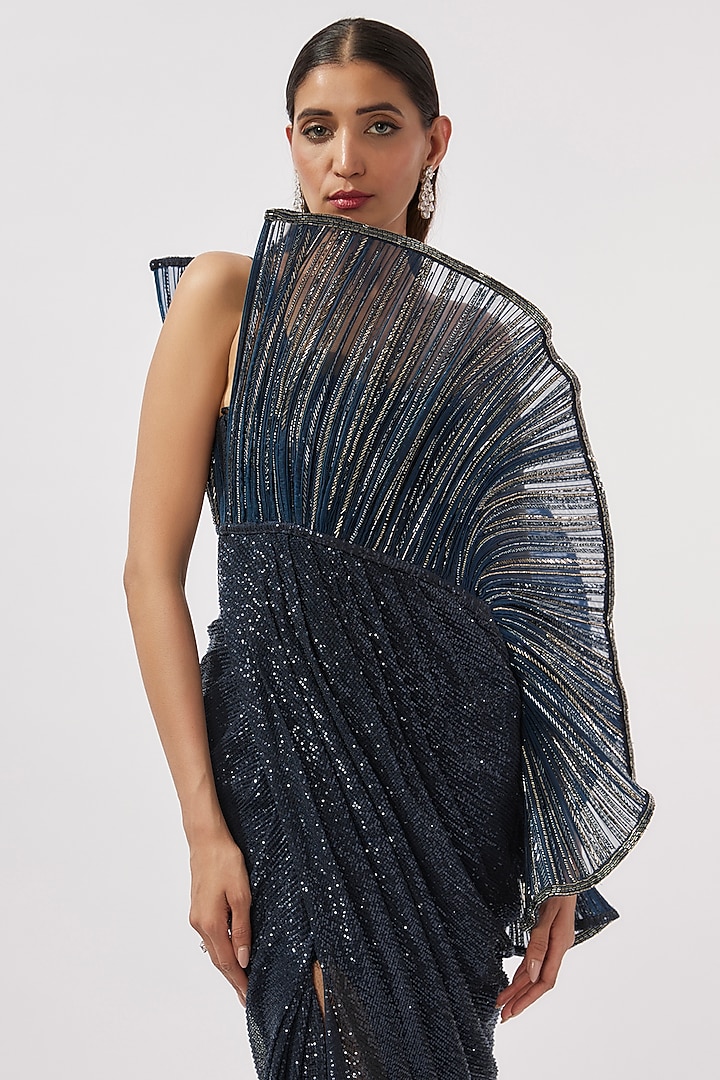 Midnight Blue Sequins Bugle Beads Embroidered Bridal Gown by Gaurav Gupta at Pernia's Pop Up Shop