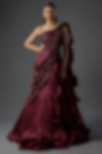 Berry Wine Polyester Sequins Sculpted Bridal Gown by Gaurav Gupta at Pernia's Pop Up Shop