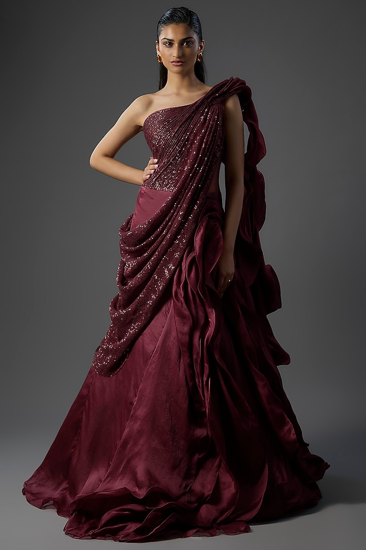 Berry Wine Polyester Sequins Sculpted Bridal Gown by Gaurav Gupta at Pernia's Pop Up Shop