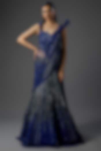 Midnight Blue Rayon Georgette Sculpted Bridal Gown by Gaurav Gupta at Pernia's Pop Up Shop