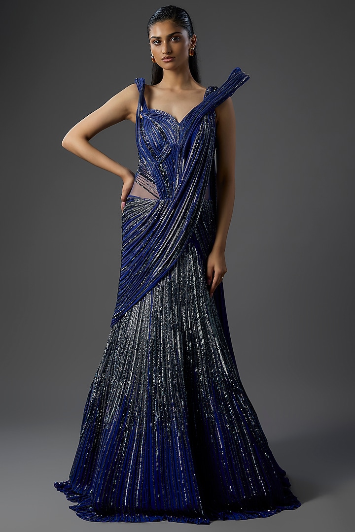 Midnight Blue Rayon Georgette Sculpted Bridal Gown by Gaurav Gupta at Pernia's Pop Up Shop