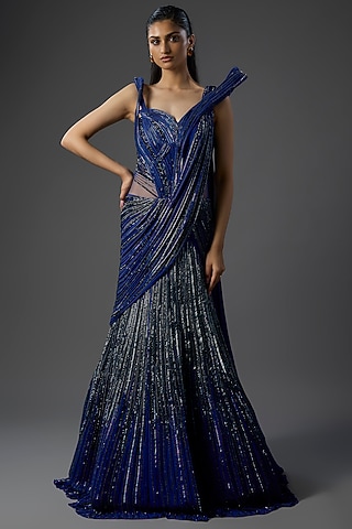 Midnight Blue Rayon Georgette Sculpted Gown by Gaurav Gupta