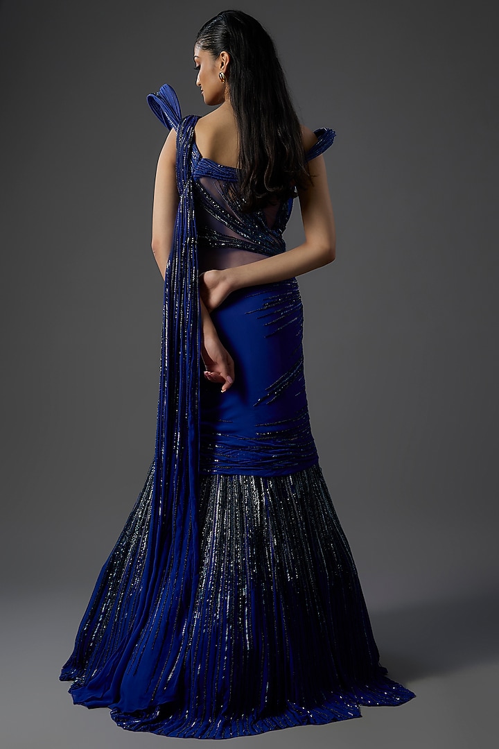 Midnight Blue Rayon Georgette Sculpted Bridal Gown by Gaurav Gupta at Pernia's Pop Up Shop
