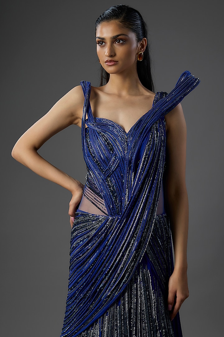 gaurav gupta blue dress Electric Blue Chiffon Sculpted Gown Saree Design by Gaurav Gupta at Pernia's Pop Up Shop 2026