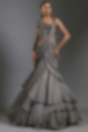 Pewter Grey Satin Bugle Beads Embroidered Gown by Gaurav Gupta at Pernia's Pop Up Shop