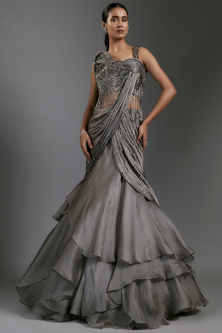 Pewter Grey Satin Bugle Beads Embroidered Gown by Gaurav Gupta at Pernia's Pop Up Shop