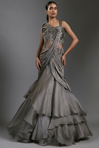 Pewter Grey Satin Bugle Beads Embroidered Gown by Gaurav Gupta