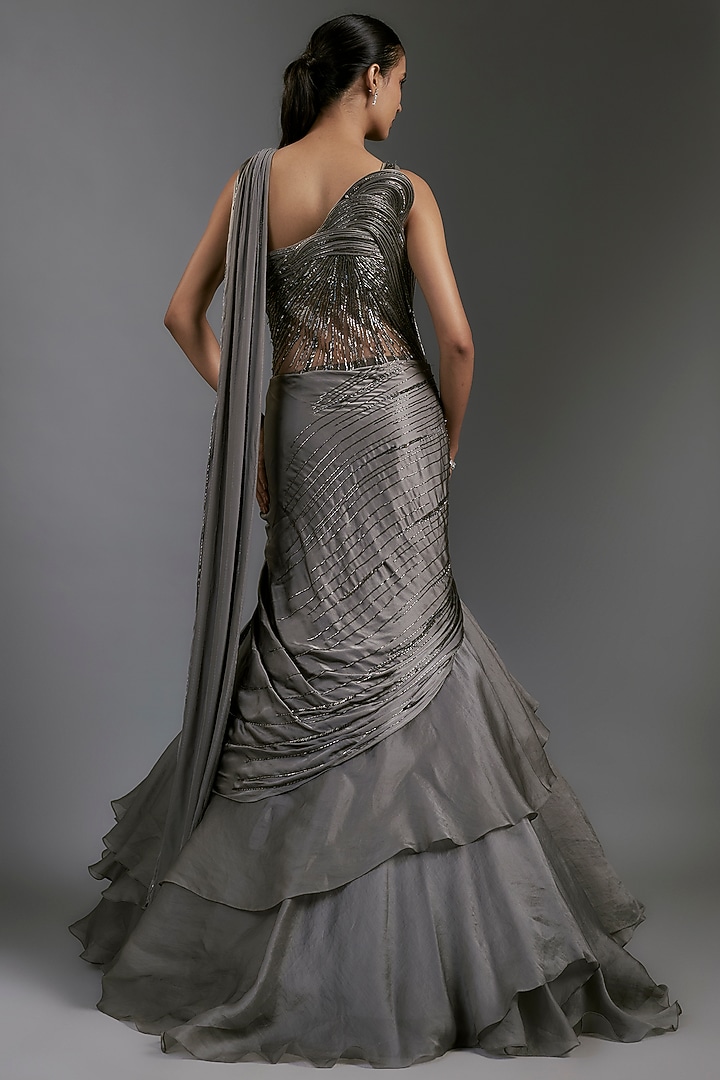 Pewter Grey Satin Bugle Beads Embroidered Bridal Gown by Gaurav Gupta at Pernia's Pop Up Shop